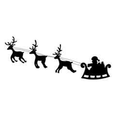 Santa flying in a sleigh with reindeer. Happy new year decoration. Merry christmas holiday.  Black silhouette. Christmas. Vector EPS 10.