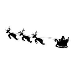 Santa flying in a sleigh with reindeer. Happy new year decoration. Merry christmas holiday.  Black silhouette. Christmas. Vector EPS 10.