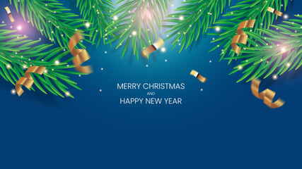 Merry Christmas and Happy New Year Banner. Blue Background. Christmas Lights and Sparkles with Serpentine and Confetti 