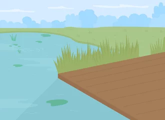 Foto op Plexiglas Pond with dock flat color vector illustration. Wetland reeds and rushes. Artificial lake for recreational fishing. Calm river with pier 2D cartoon landscape with lush forest on background © The img