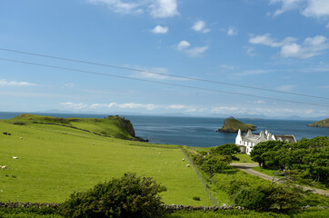 View over farmland at Rubha Hunish on Totternish peninsula, Isle of Skye, Inner Hebrides, Scotland 