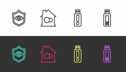 Set line Shield and eye, Smart home, USB flash drive and on black and white. Vector