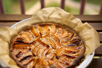 homemade apricot tart with cheese brie. High quality photo