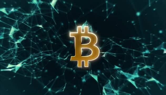 Litecoin cryptocurrency golden symbol - Digital 3d animation of the logo with stars and a blue network in the background