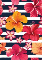 Seamless pattern of hibiscus flowers background template. Vector set of floral element for tropical print, wedding invitations, greeting card, brochure, banners and fashion design.