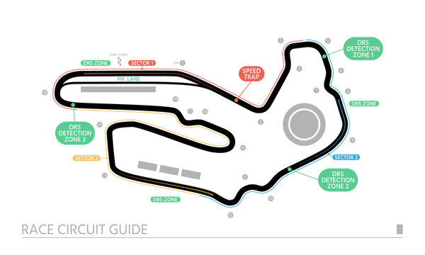 The race circuit guide is isolated on a white background. The track scheme is including three sectors, a start-finish place, a pit lane, DRS zones, and a speed trap. Flat vector illustration.