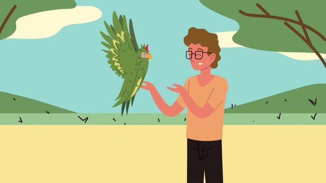 man with parrot exotic bird animation