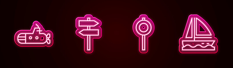 Set line Submarine, Road traffic signpost, and Yacht sailboat. Glowing neon icon. Vector