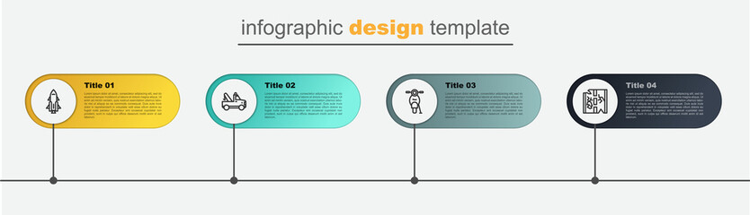 Set line Broken road, Scooter, Tow truck and Rocket ship with fire. Business infographic template. Vector