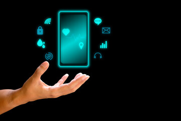 Smartphone and health concept. Hand hold electronic intelligence mobile with health, communication, wifi, network icon on blue background.