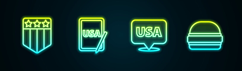 Set line Shield with stars, USA on graphic tablet, Independence day and Burger. Glowing neon icon. Vector