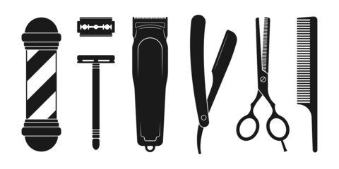 Barber and hairdresser icon set. Barbershop tools. Hair cut instruments with straight razor, comb, scissors and barber pole. Vector illustration.