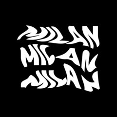 Milan typography text or slogan with wavy letters. T-shirt graphic with ripple or glitch effect. Abstract print, banner, poster, emblem design. Vector illustration.