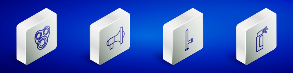 Set Isometric line Gas mask, Megaphone, Police rubber baton and Pepper spray icon. Vector