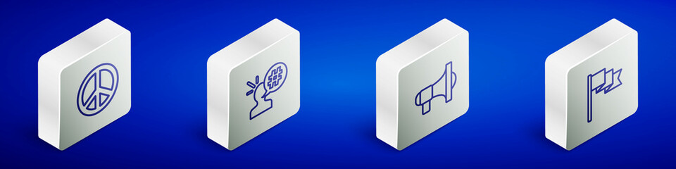 Set Isometric line Peace, Protest, Megaphone and Location marker icon. Vector