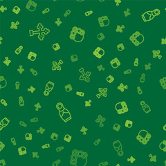 Set line Christian cross, Russian doll matryoshka and bagels on seamless pattern. Vector