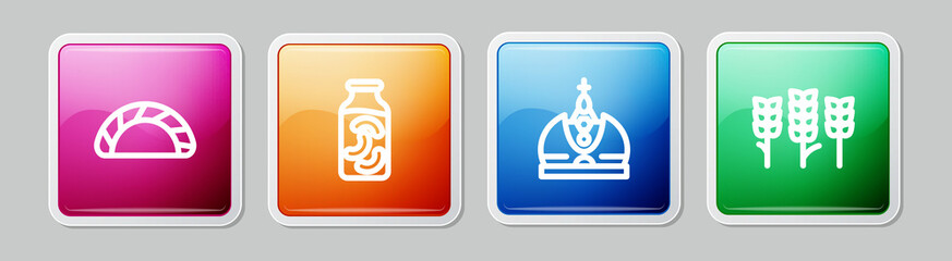 Set line Dumpling, Pickled cucumbers a jar, King crown and Wheat. Colorful square button. Vector