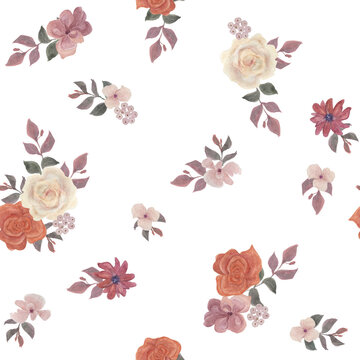 Watercolor painting seamless pattern with autumn rose flowers