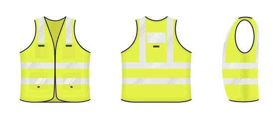 Foto op Canvas Safety reflective vest icon sign flat style design vector illustration set. Yellow fluorescent security safety work jacket with reflective stripes. Front, side and back view road uniform vest. © Konstantin