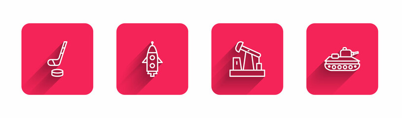 Set line Ice hockey stick and puck, Rocket ship, Oil pump or pump jack and Military tank with long shadow. Red square button. Vector