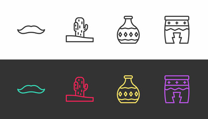 Set line Mustache, Cactus, Tequila bottle and Huehuetl on black and white. Vector