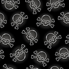 Neon Jolly Roger seamless pattern with white skull and crossbones  icons on black background. Piracy, danger, death, Halloween concept. Vector 10 EPS illustration.
