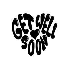 Get Well Soon Hand Lettered Calligraphy On White Background With Heart Shape.  Lettering For Invitation, greeting Card, Prints and Posters. Hand Drawn Inscription, Calligraphic Design.