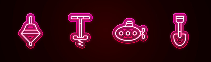 Set line Whirligig toy, Pogo stick jumping, Submarine and Shovel. Glowing neon icon. Vector