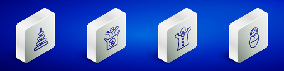 Set Isometric line Pyramid toy, Jack in the box, Toy puppet doll on hand and Tumbler icon. Vector