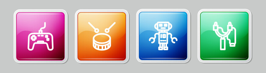 Set line Gamepad, Drum with drum sticks, Robot toy and Slingshot. Colorful square button. Vector