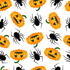 Seamless vector pattern on the theme of Halloween, spiders, ghosts and pumpkins on a white background. Endless texture for wallpaper, flyers, covers, banners, fill pattern, web page, background, surfa