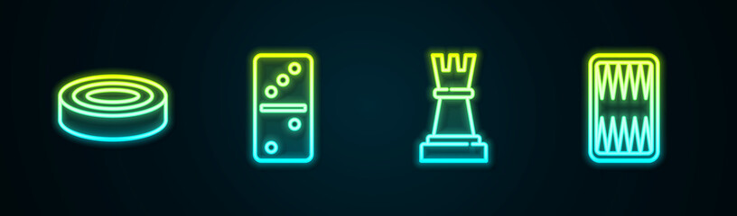 Set line Checker game chips, Domino, Chess and Backgammon board. Glowing neon icon. Vector