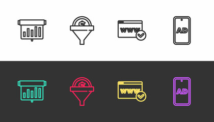 Set line Board with graph chart, Lead management, Website template and Advertising on black and white. Vector