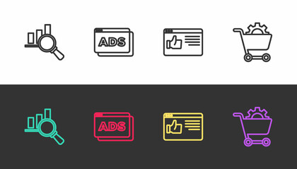 Set line Magnifying glass and analysis, Advertising, Browser window and Shopping cart on black and white. Vector