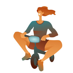 A young funny girl on a children's bike rides on a white background. A woman on a mini bike, red hair, a beautiful smile, a character for advertising bicycle transport.