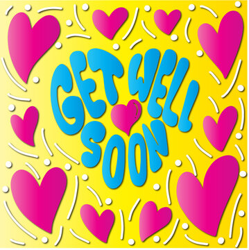 Get Well Soon Hand Lettered Calligraphy On Yellow Background With Heart doodle.  Lettering For Invitation, greeting Card, Prints and Posters. Hand Drawn Inscription, Calligraphic Design.