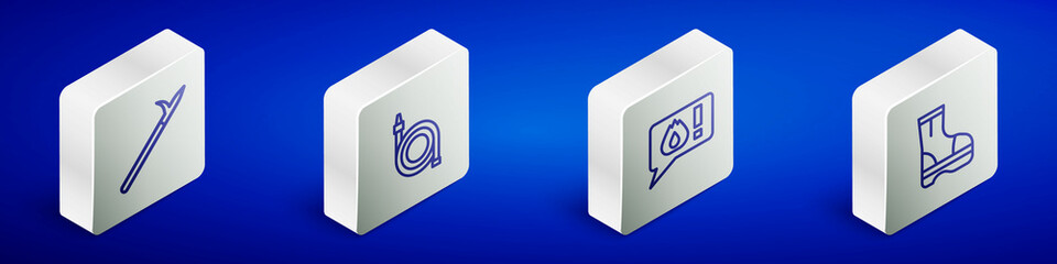 Set Isometric line Metal pike pole, Fire hose reel, Telephone call 911 and boots icon. Vector