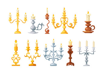 Retro candles in candlesticks set. Retro vintage candle holders, chandelier and candelabrums with burning flames and decorative yellow bronze and silver. Household and church items