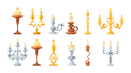 Retro candles in candlesticks set. Retro vintage candle holders, chandelier and candelabrums with burning flames and decorative yellow bronze and silver. Household and church items