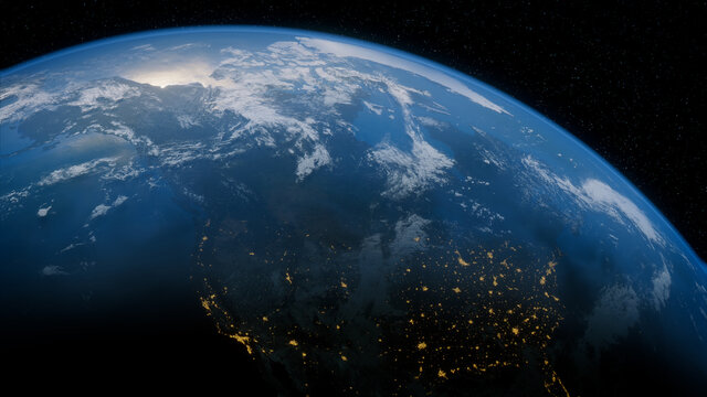 Earth in Space. Photorealistic 3D Render of the Globe, with views of USA and North America. Climate Concept.