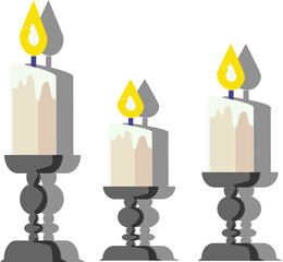 Candles in candlesticks, vintage candlesticks. Vector illustration on a white background. Fire, romance, light, warmth.
