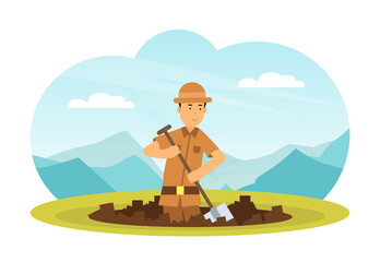 Man Archaeologist with Shovel Searching for Material Remains Vector Illustration