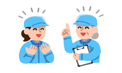 女性上司から仕事について説明を受ける作業着姿の女性（手描きカラー）