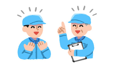 男性上司から仕事について説明を受ける作業着姿の男性（手描きカラー）