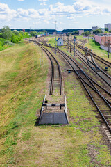 Railway dead end at the station for sorting wagons. Rail transportation. Transportation of goods by...