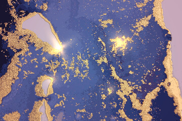 Abstract navy blue and gold background with marble texture and shining glitter. Vector stone surface in alcohol ink technique. Fluid art illustration for poster, flyer, brochure design.