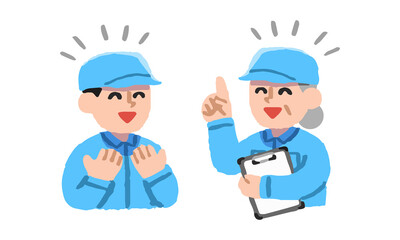 女性上司から仕事について説明を受ける作業着姿の男性（手描きカラー）