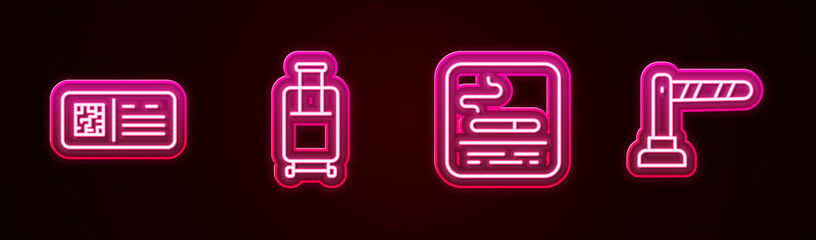 Set line QR code ticket train, Suitcase, Smoking area and Railway barrier. Glowing neon icon. Vector