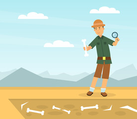Man Archaeologist with Magnifying Glass Examining Bone as Past Material Remains Vector Illustration