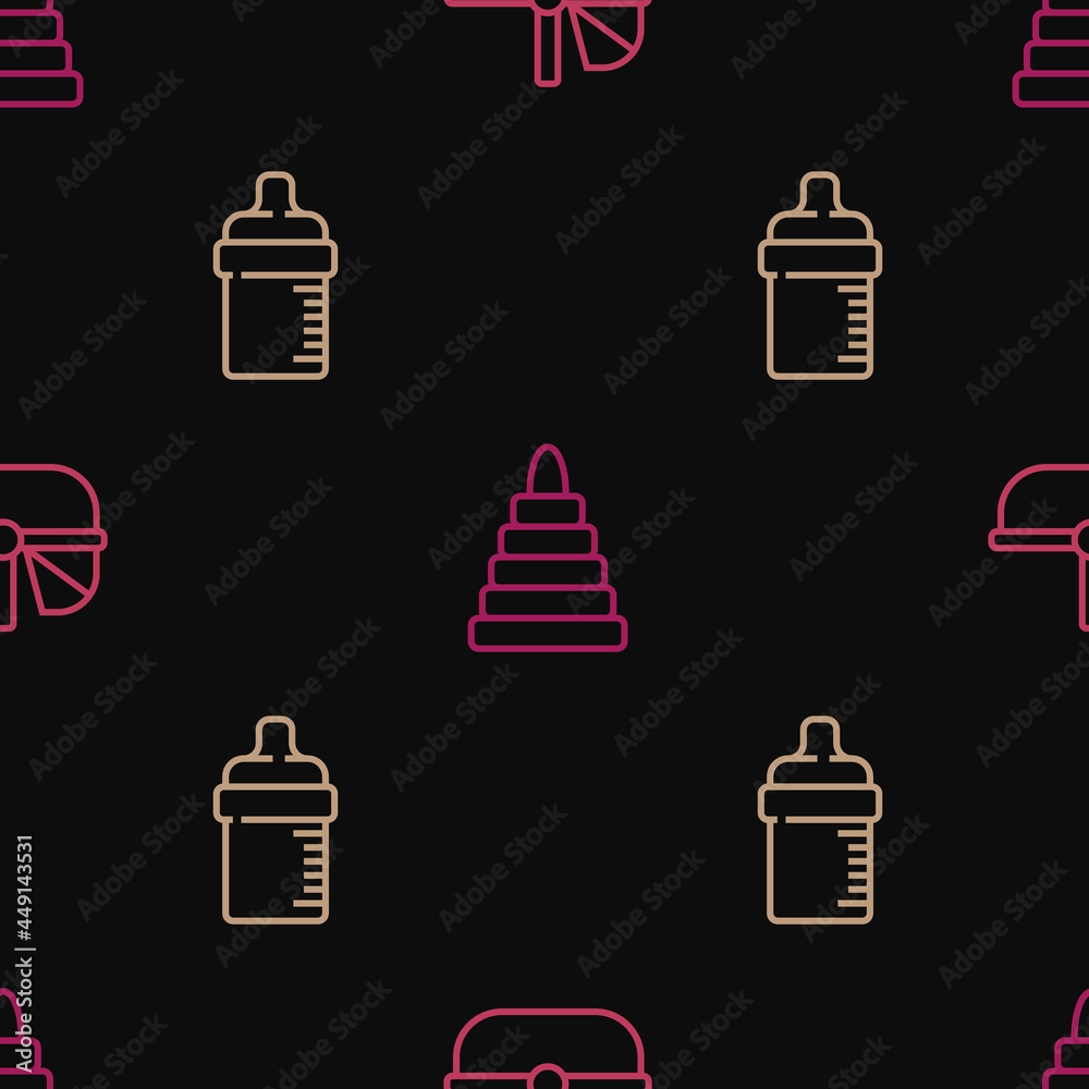 Poster set line baby stroller, bottle and pyramid toy on seamless pattern. vector